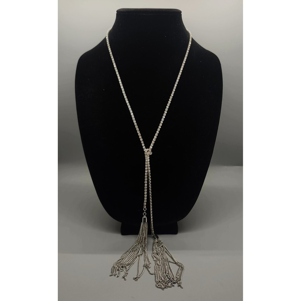 Rhinestone Lariat Y-Necklace Tassel Adjustable Silver Tone Clear Crystal